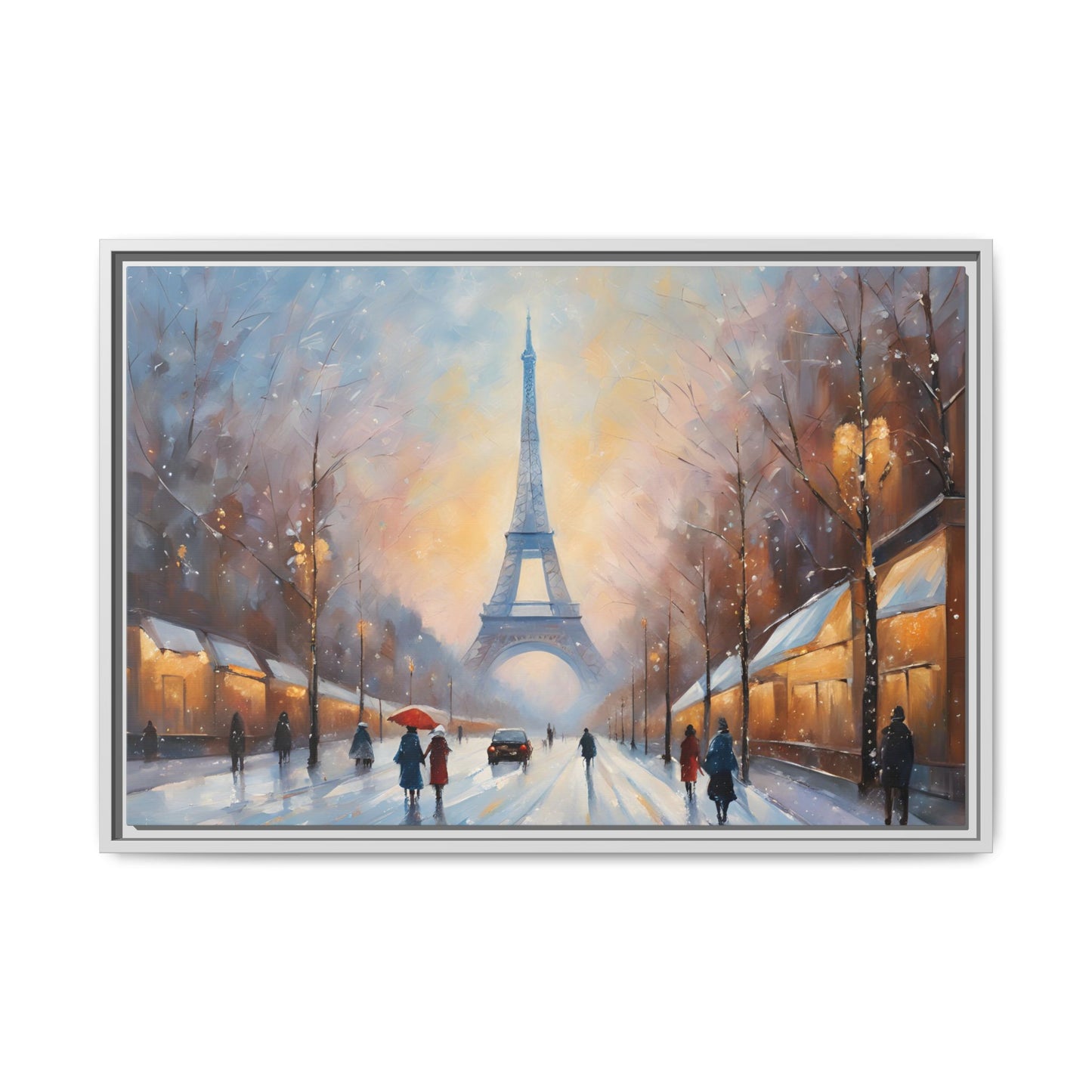 Eiffel Tower in Winter Print Wall Art Matte Stretched Canvas Paris Lover Gift Winter in France, 3 frame colors to choose from