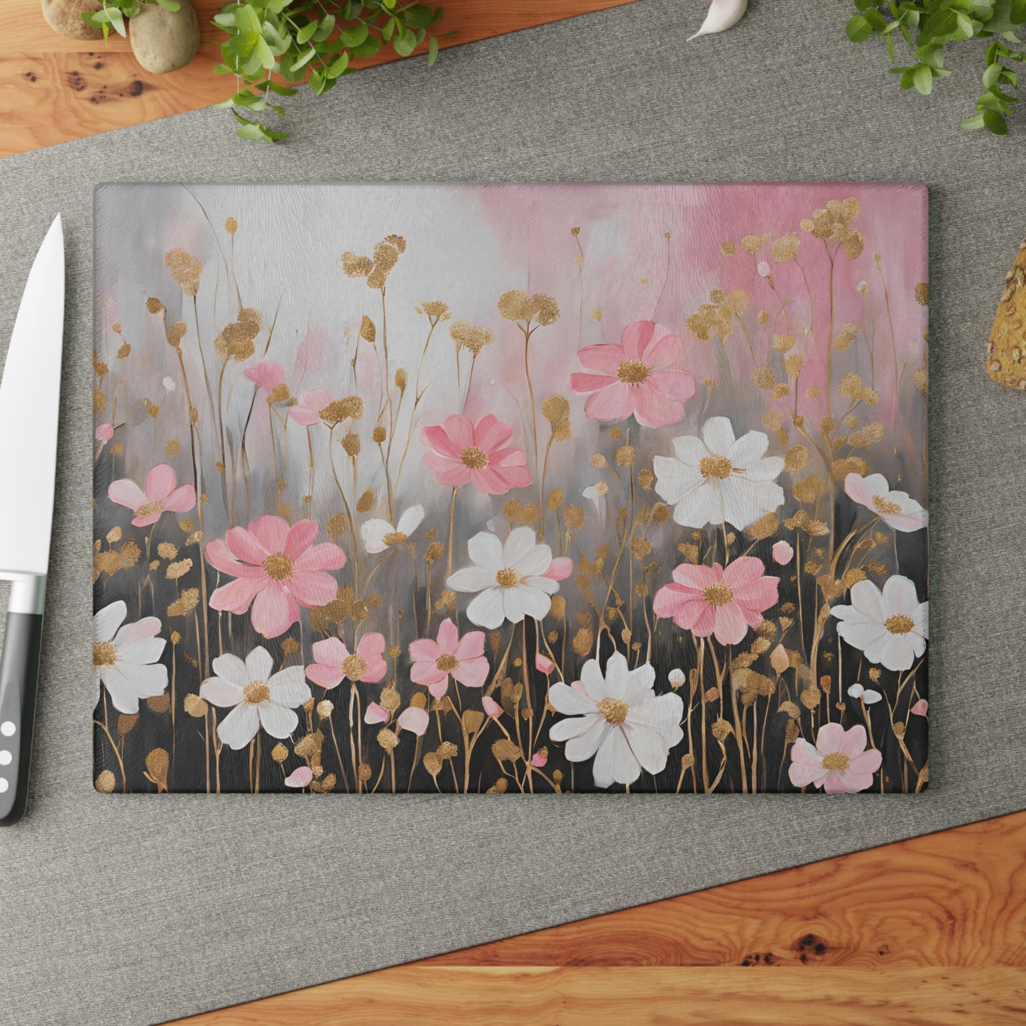 Kitchen Decor Glass Cutting Board Serving Tray with Field of Flowers Pattern Cutting Board Gift for Home Cook Charcuterie Board
