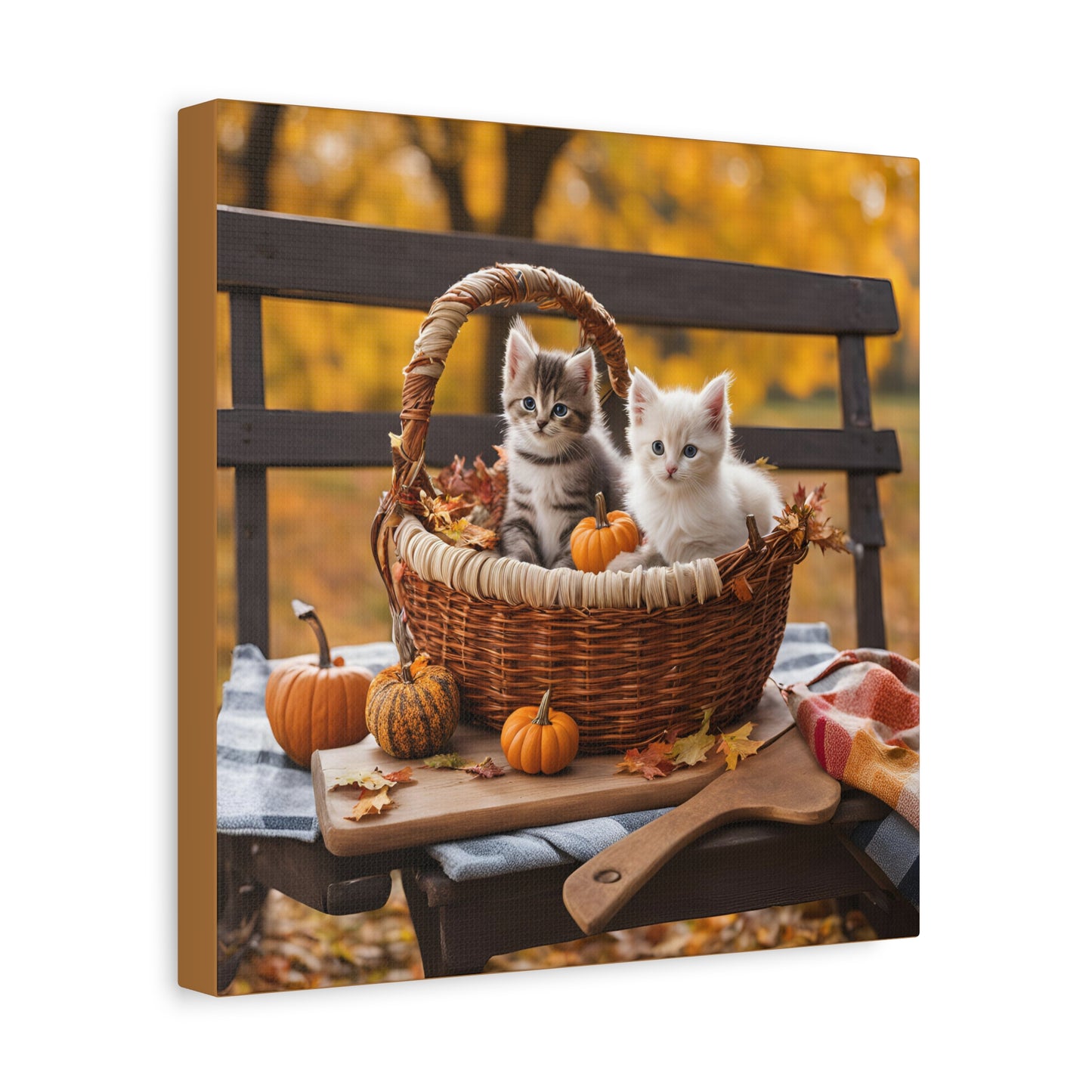 Kittens in Basket Fall Print Wall Art | Matte Canvas, Stretched, 1.25" | Cat Lover | Autumn | Pumpkins |