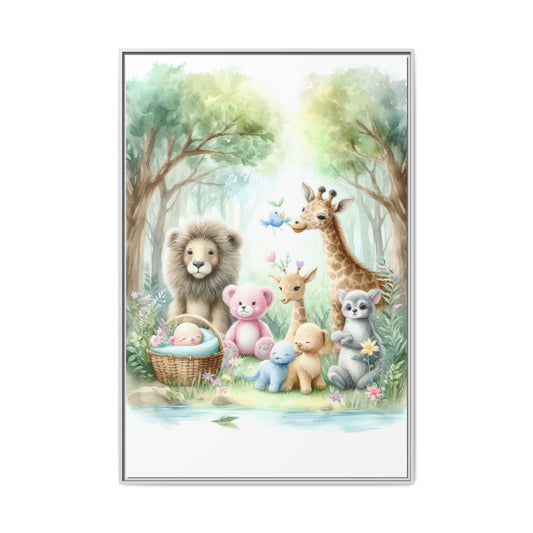Whimsical Nursery Decor Pastel Menagerie Unique Sweet Baby Room Framed Baby Animal Canvas Print Wall Unisex Baby Shower Gift 3 frame colors