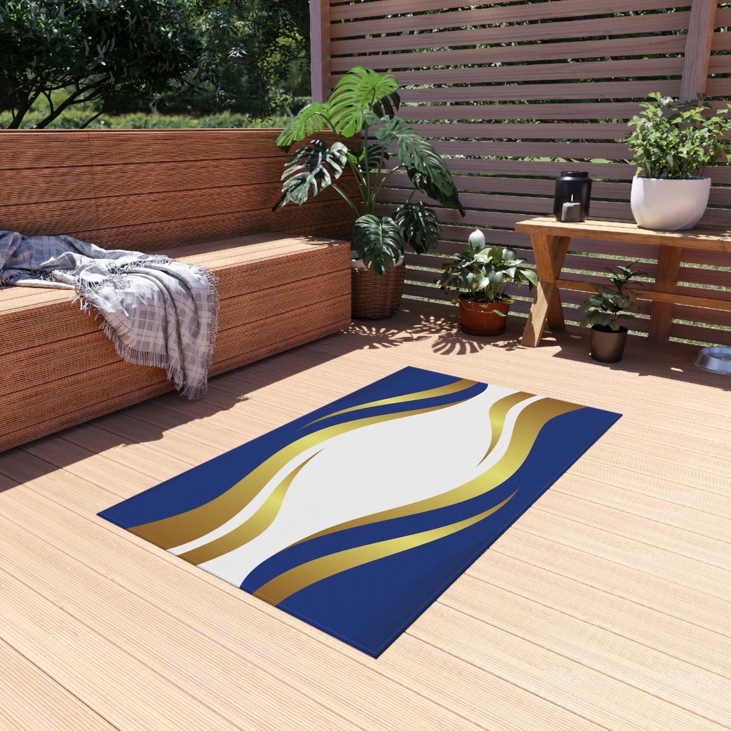 Modern Wave Design Chenille Outdoor Rug No-Skid Backing Cozy Outdoor Beachy Patio Decor Gazebo Rug Pool Area Decor Outdoor Kitchen Carpet