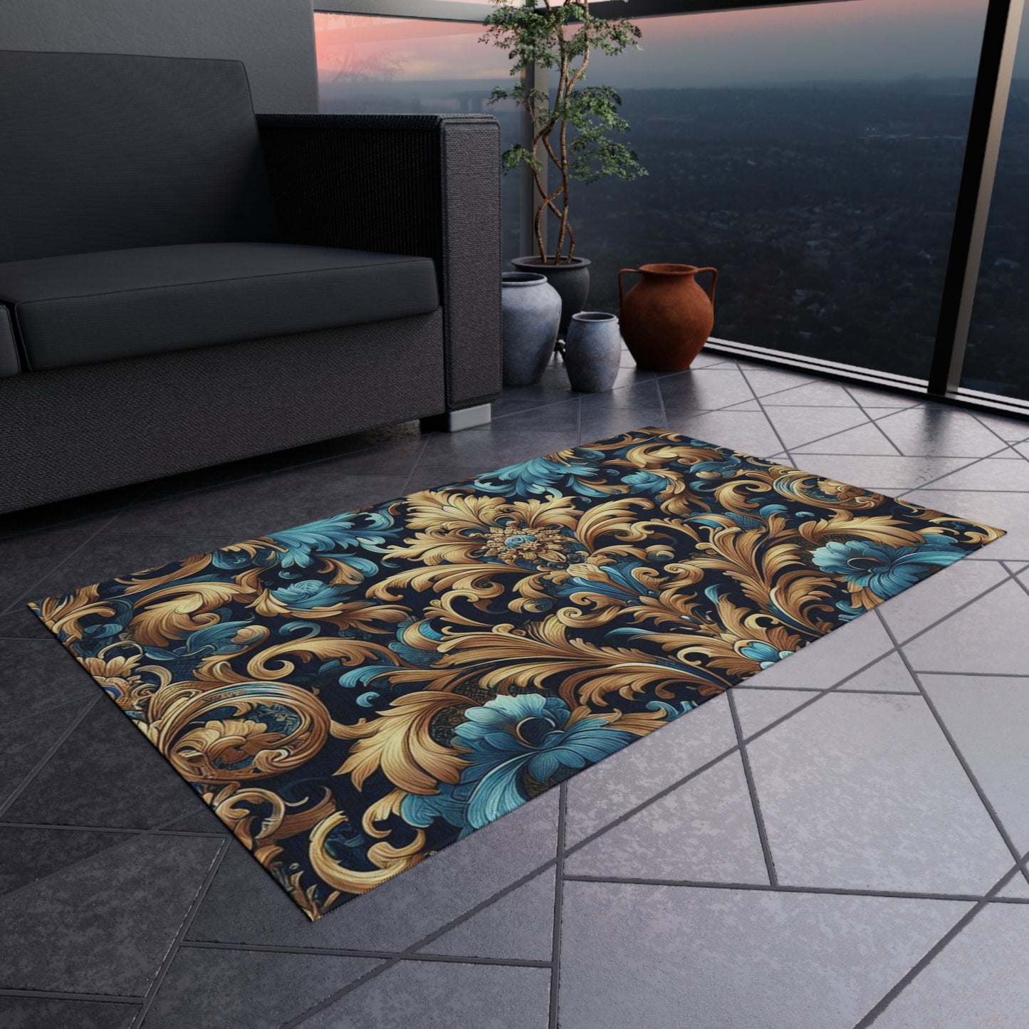 Chenille Print Pattern Outdoor Rug with No-Skid Backing Cozy Outdoor Carpet Patio Decor Gazebo Rug Pool Area Decor Outdoor Kitchen Carpet