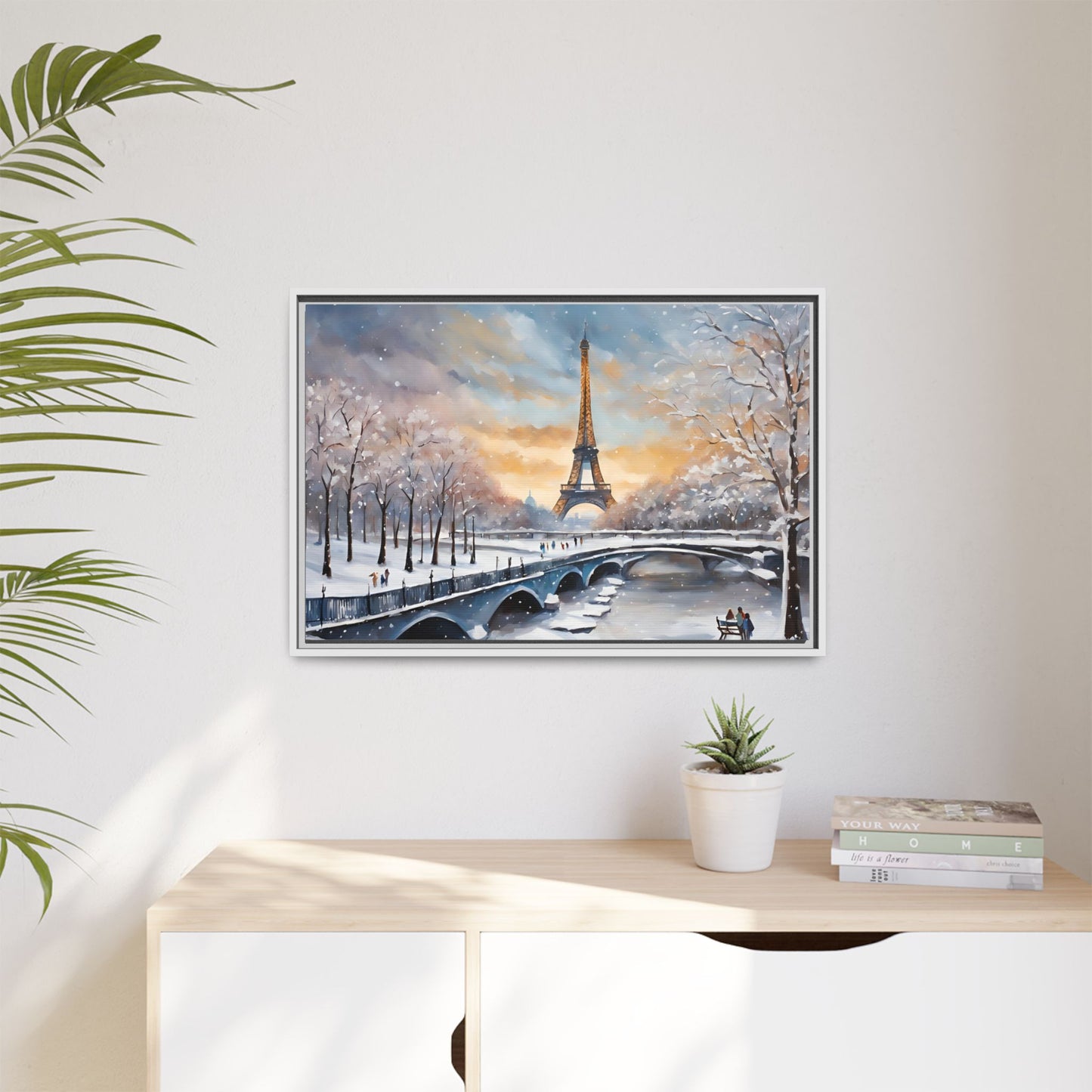 Eiffel Tower in Winter Print Wall Art Matte Stretched Canvas Paris Lover Gift Winter in France, 3 frame colors to choose from