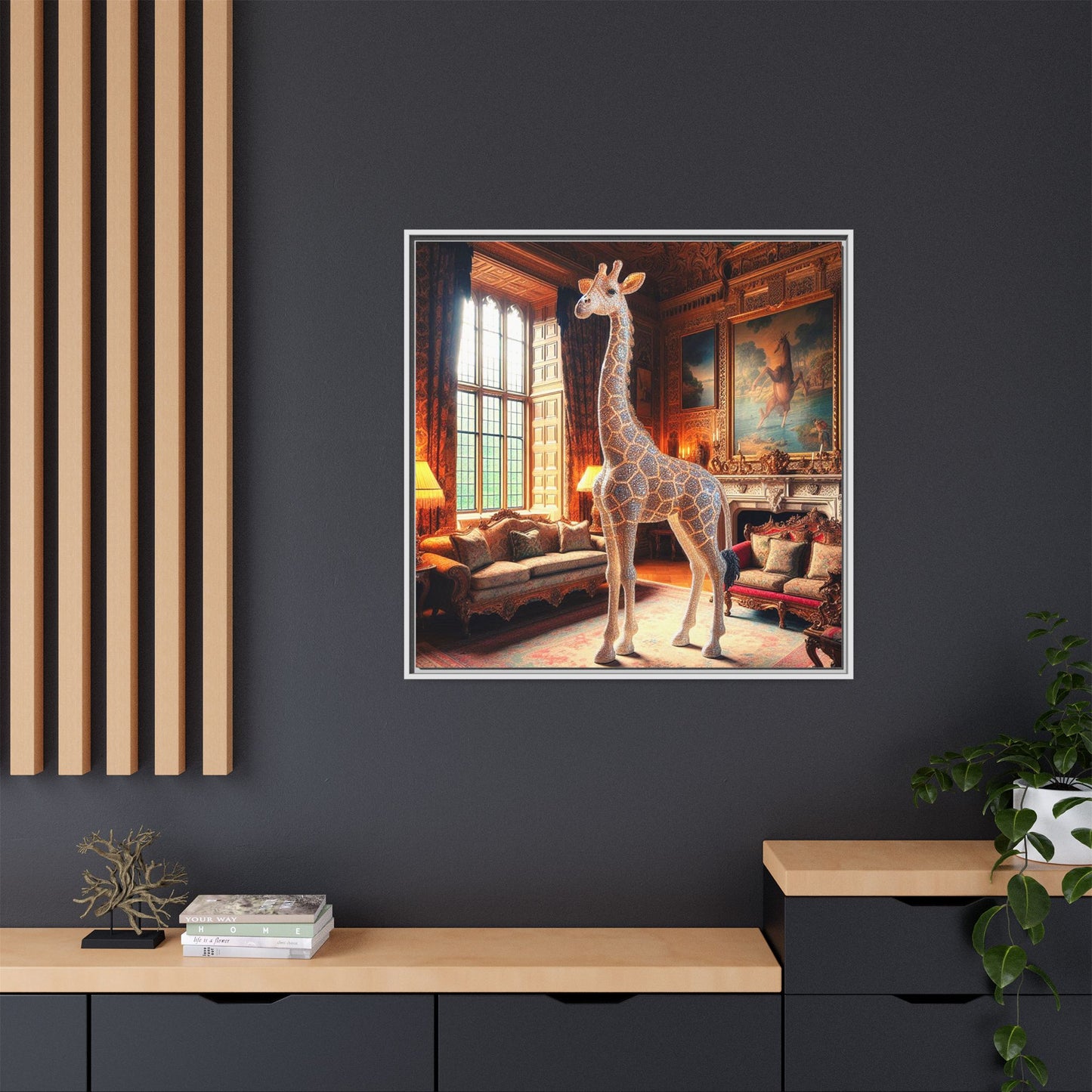 Bejeweled Giraffe Framed Canvas Print Wall Art Unique Fashion Designer Haute Couture Fashionista Animal Lover Gift Decor 3 Frame Colors