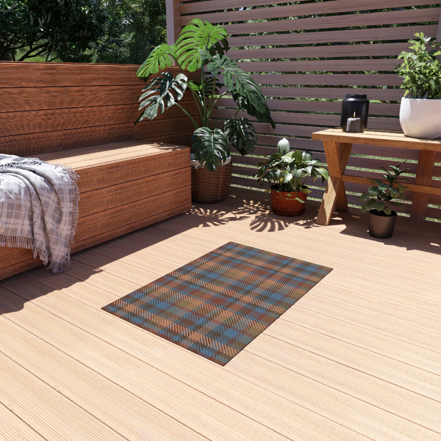 Checker Pattern Chenille Outdoor Rug with No-Skid Backing Cozy Outdoor Carpet Patio Decor Gazebo Rug Pool Area Decor Outdoor Kitchen Carpet
