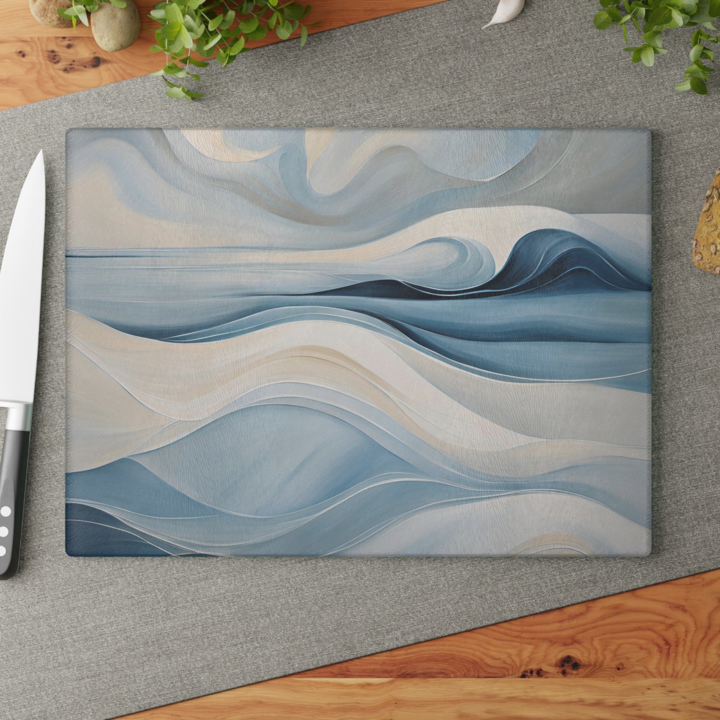 Kitchen Decor Glass Cutting Board Serving Tray with Modern Beachy Waves Pattern Cutting Board Gift for Home Cook Charcuterie Board