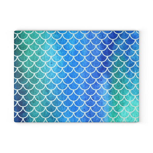 Beachy Kitchen Decor Glass Cutting Board Serving Tray with Fish Scale Design Cutting Board Gift for Home Cook Fun Charcuterie Board