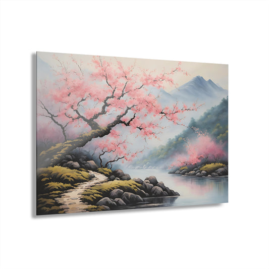 Large Asian Floral Design Acrylic Print with French Cleat Nature Lover Wall Art Flower Lover Gift Art Modern Plum Cherry Blossom Home Decor
