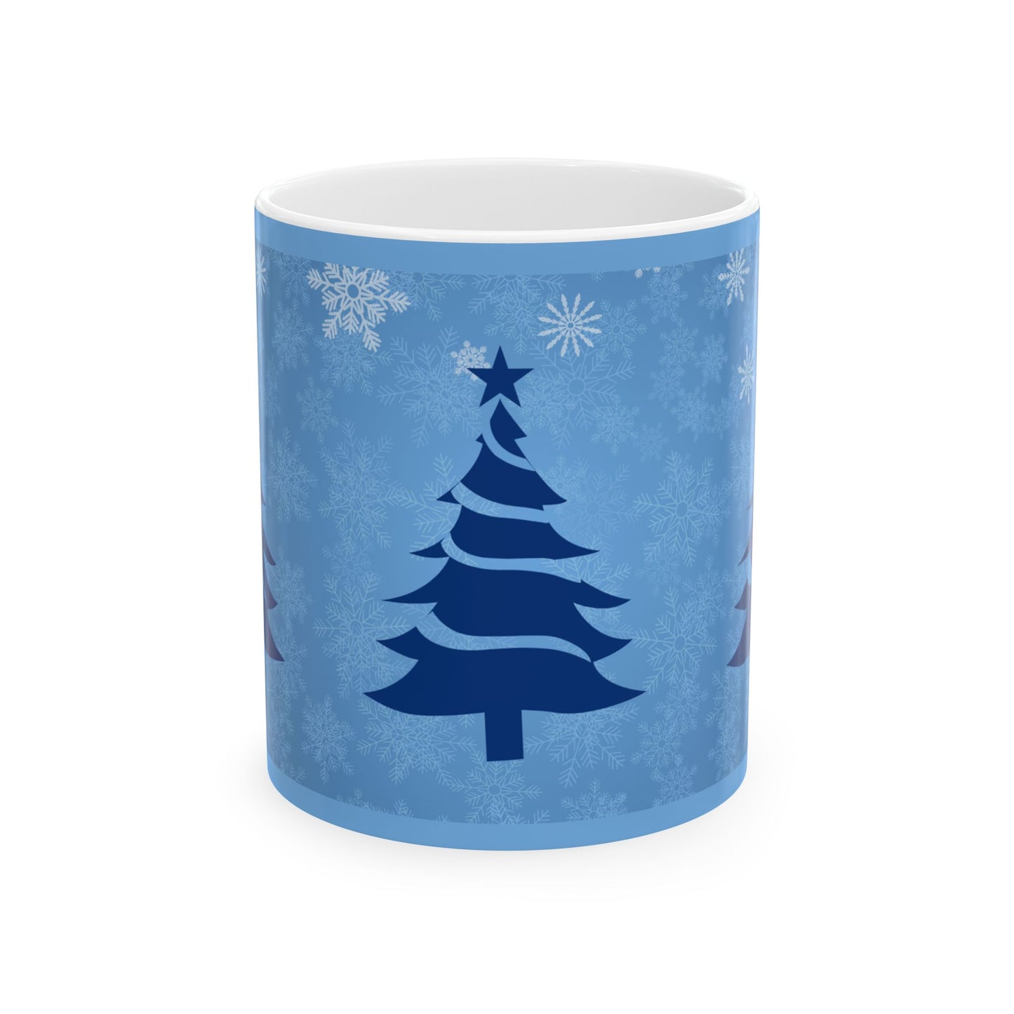 Blue and White Christmas Tree Snowflake Ceramic Coffee Tea or Hot Chocolate Holiday Gift 11 oz Mug