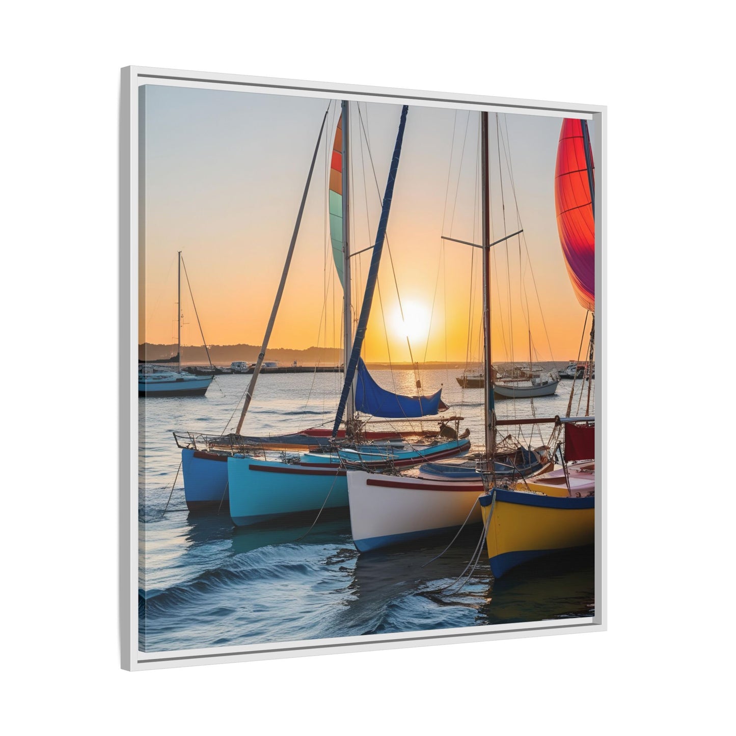 Sailboats at Sunset in Harbor Framed Canvas Wall Art Beach Lover Vacation Oceanic Gift Nature Lover Peaceful Zen Sunrise Art 3 frame colors