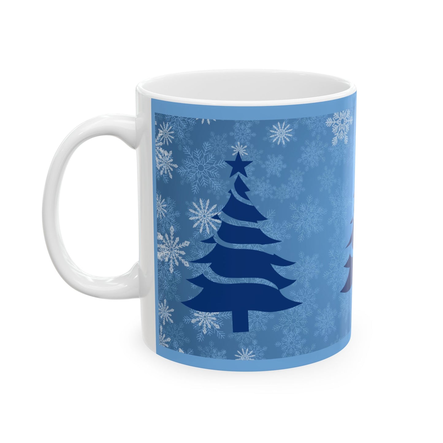 Blue and White Christmas Tree Snowflake Ceramic Coffee Tea or Hot Chocolate Holiday Gift 11 oz Mug