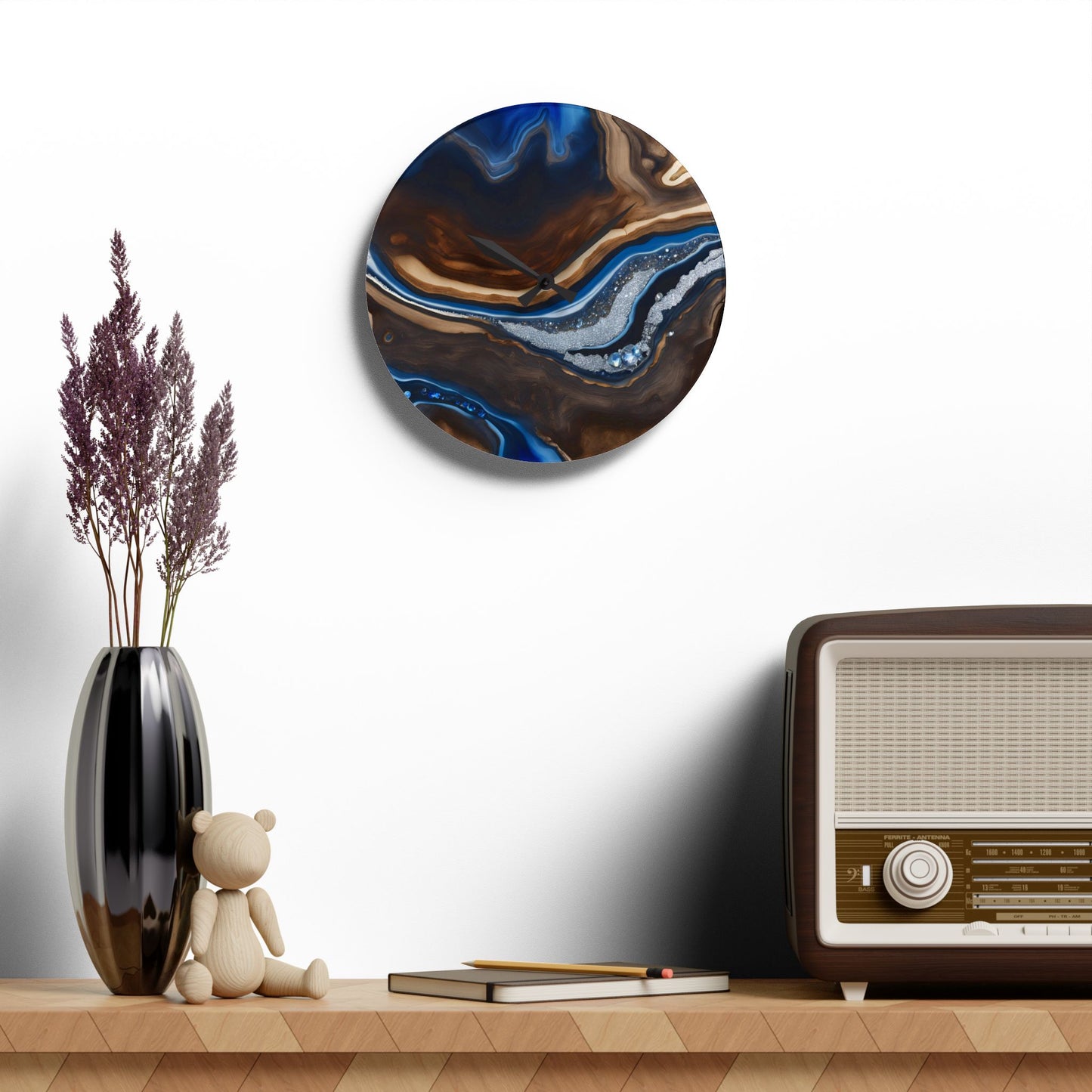 Rustic Wood-look Geode Design Acrylic Clock Unique Colorful Wall Clock for Kitchen or Living Room Nature Lover Gift