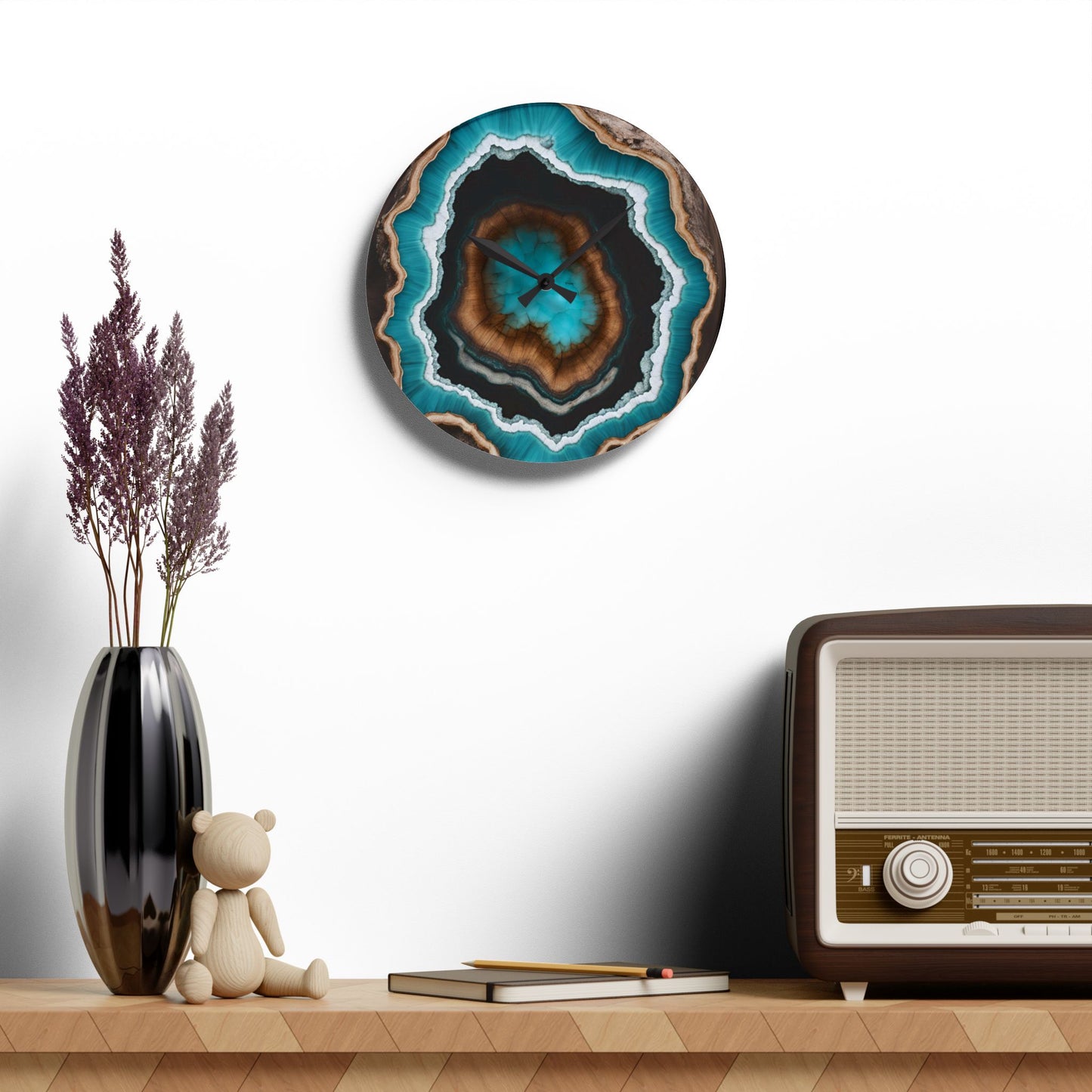 Rustic Wood-look Turquoise Geode-inspired Design Acrylic Clock Unique Colorful Wall Clock for Kitchen or Living Room Nature Lover Gift