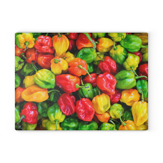 Kitchen Decor Glass Cutting Board Serving Tray with Scotch Bonnet Peppers Design Cutting Board Gift for Spicy Home Cook Charcuterie Board