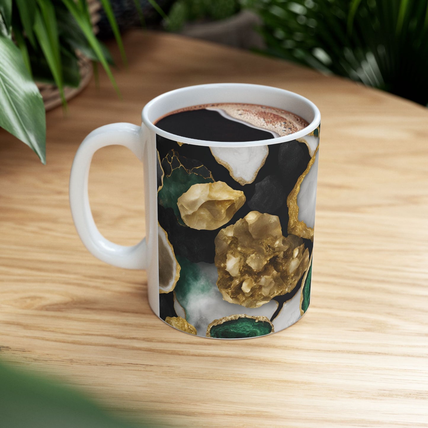 Black, White, Emerald Green and Gold Crystal Geode Design Coffee Tea Mug Boho Gemologist Gift Nature Lover Marble Rock Agate Geology Gift