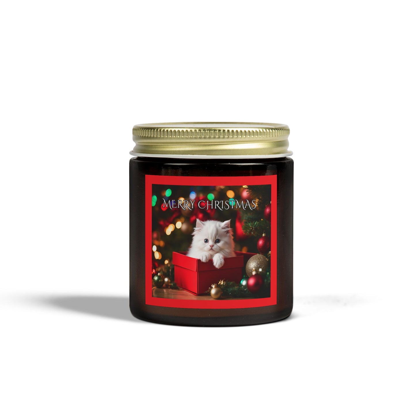 Merry Christmas Kitten Under the Tree Scented Candles Holiday Winter Candle Gift Mason Jar Candle Coconut Apricot Wax (4oz, 9oz)