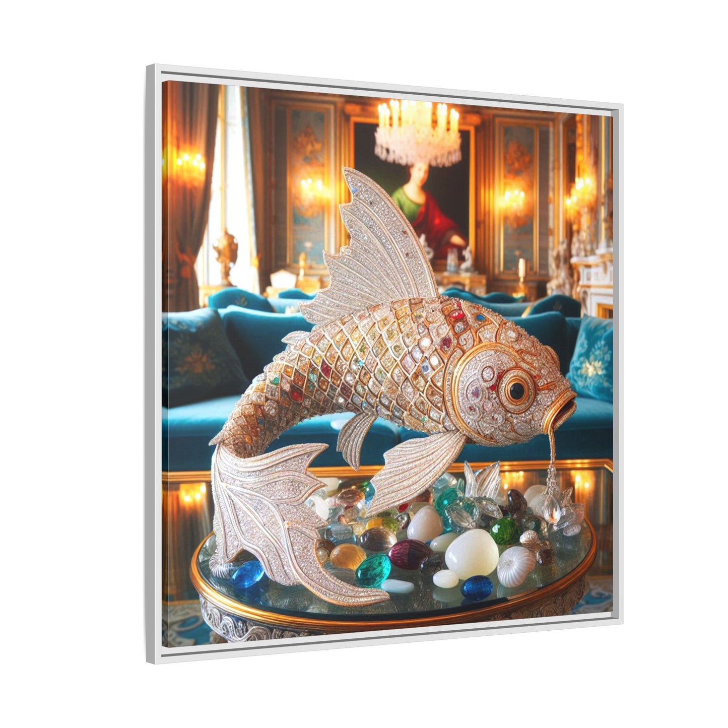 Bejeweled Koi Fish Framed Canvas Print Wall Art Unique Fashion Designer Haute Couture Fashionista Animal Lover Gift Decor 3 Frame Colors