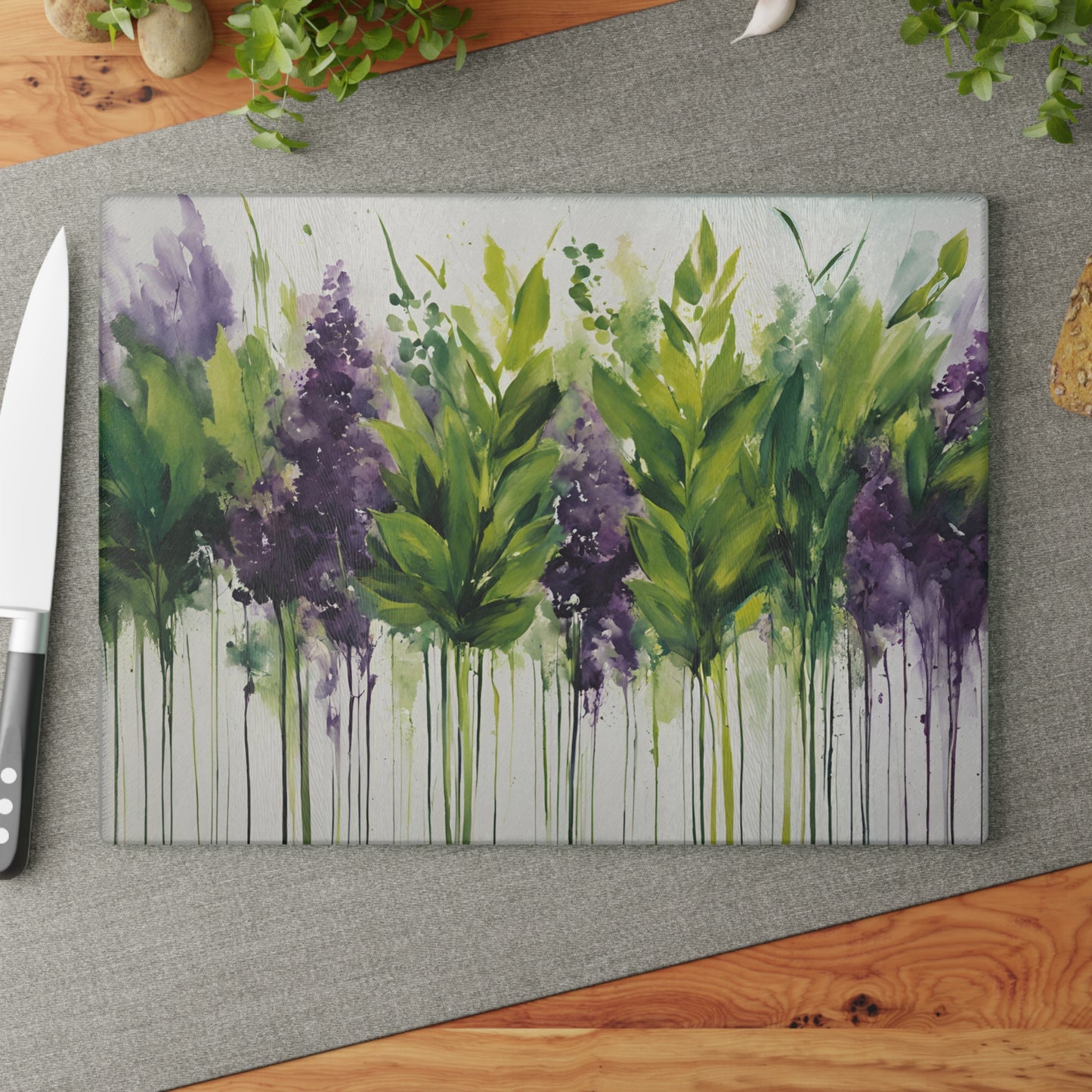 Kitchen Decor Glass Cutting Board Serving Tray with Herbal Pattern Cutting Board Gift for Home Cook Charcuterie Board