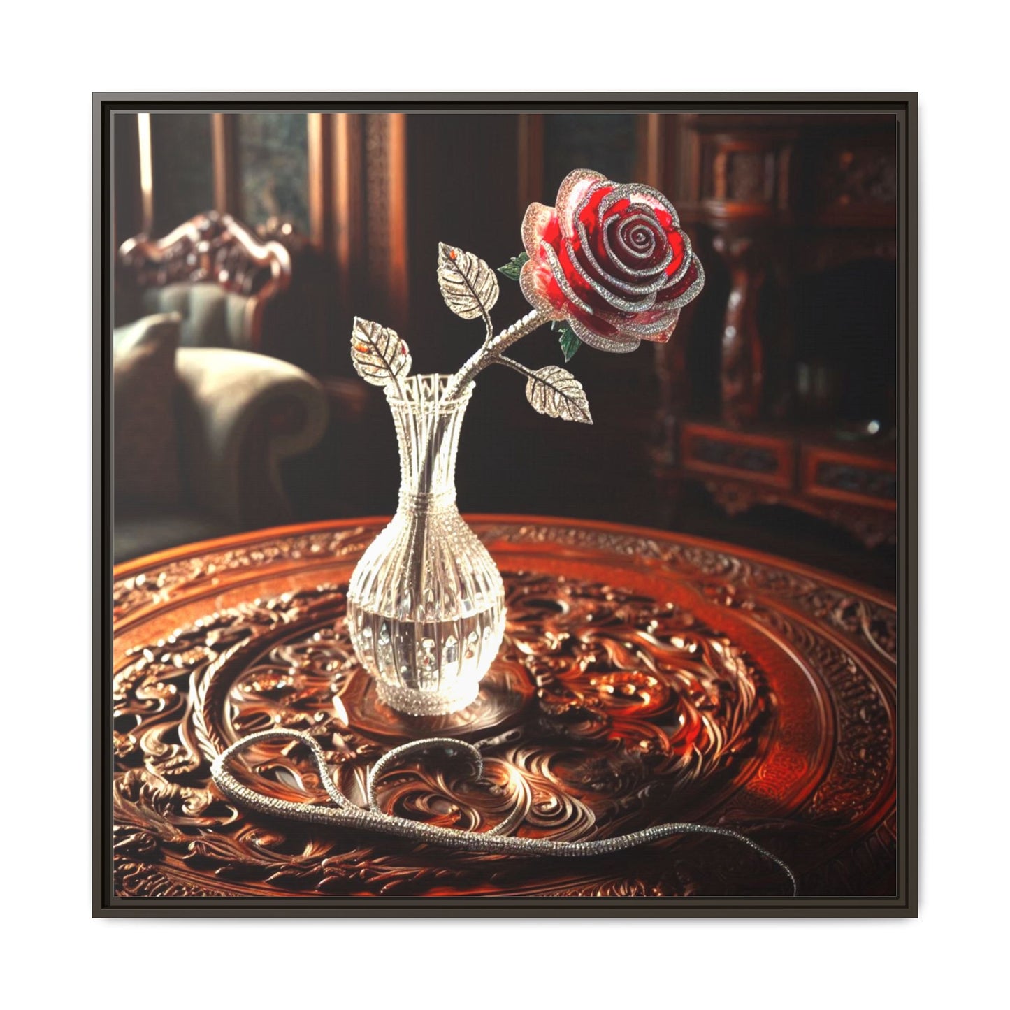 Bejeweled Red Rose Framed Canvas Print Wall Art Unique Fashion Designer Haute Couture Fashionista Flower Lover Gift Decor 3 Frame Colors