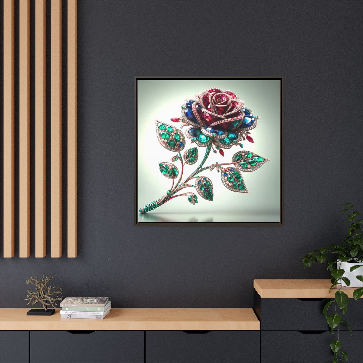 Bejeweled Rose Framed Canvas Print Wall Art Unique Fashion Designer Haute Couture Fashionista Flower Lover Gift Decor 3 Frame Colors