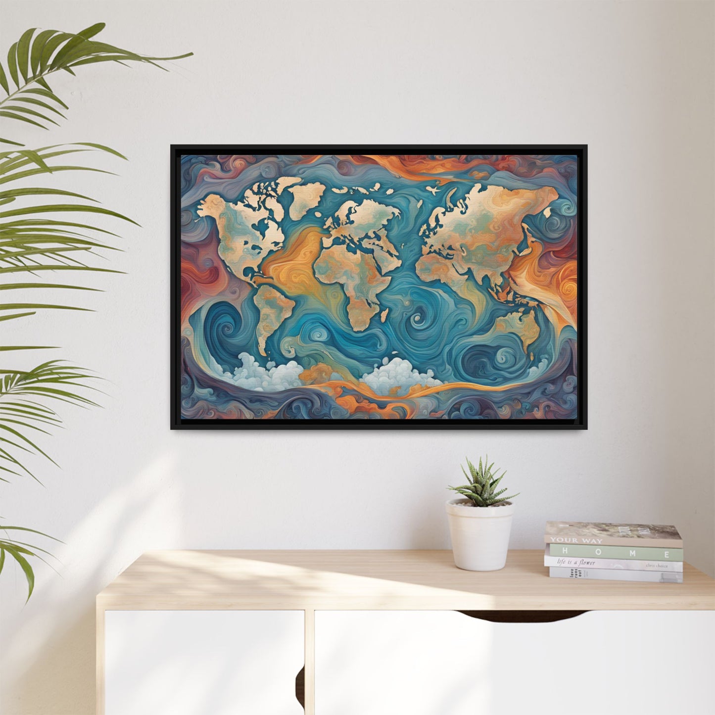 Modern Swirl Art Style Colorful Global World Map Print Matte Canvas Wall Art 3 frame colors to choose from