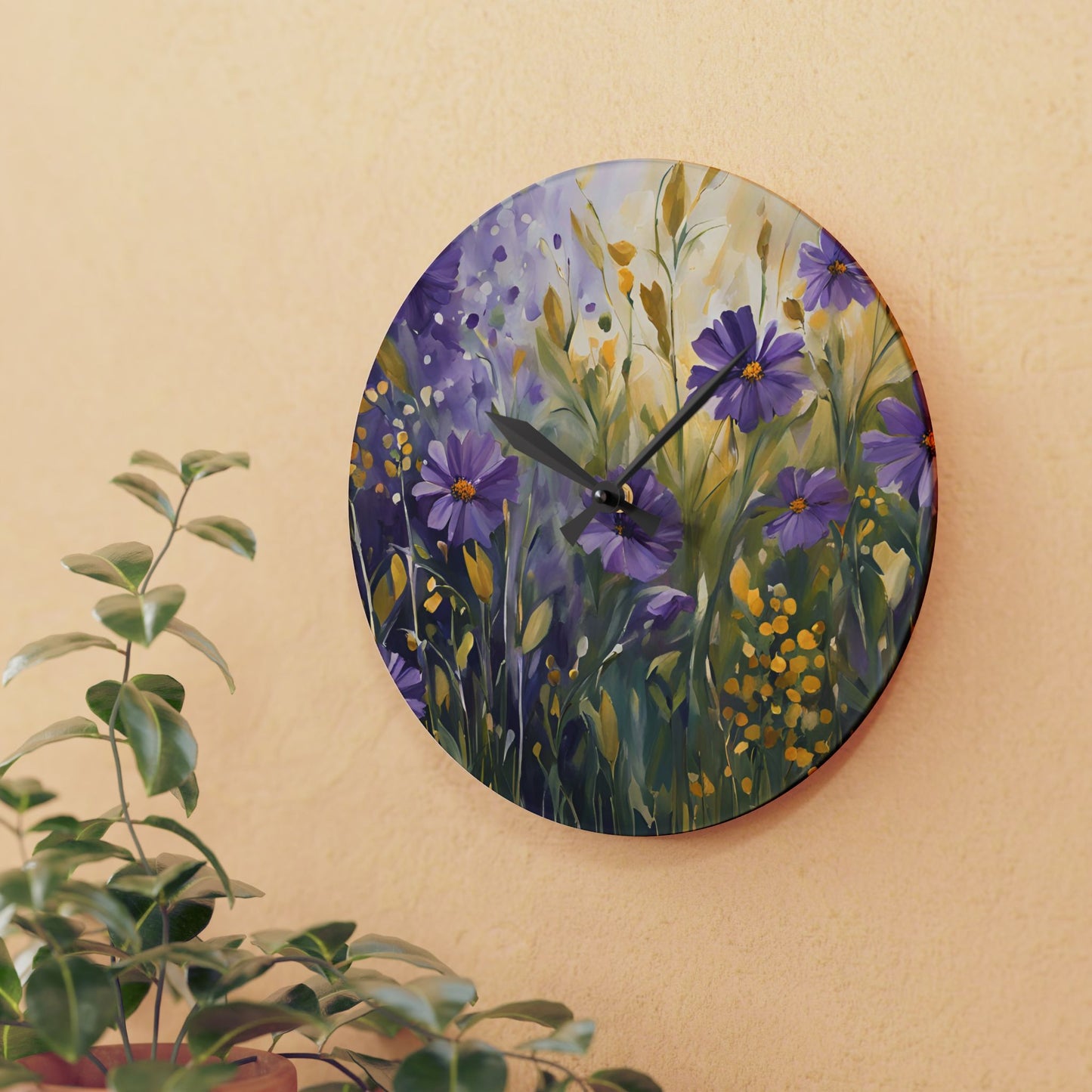 Floral Design Acrylic Clock Unique Colorful Wall Clock for Kitchen or Living Room Nature Lover Field of Flowers Gardener Gift