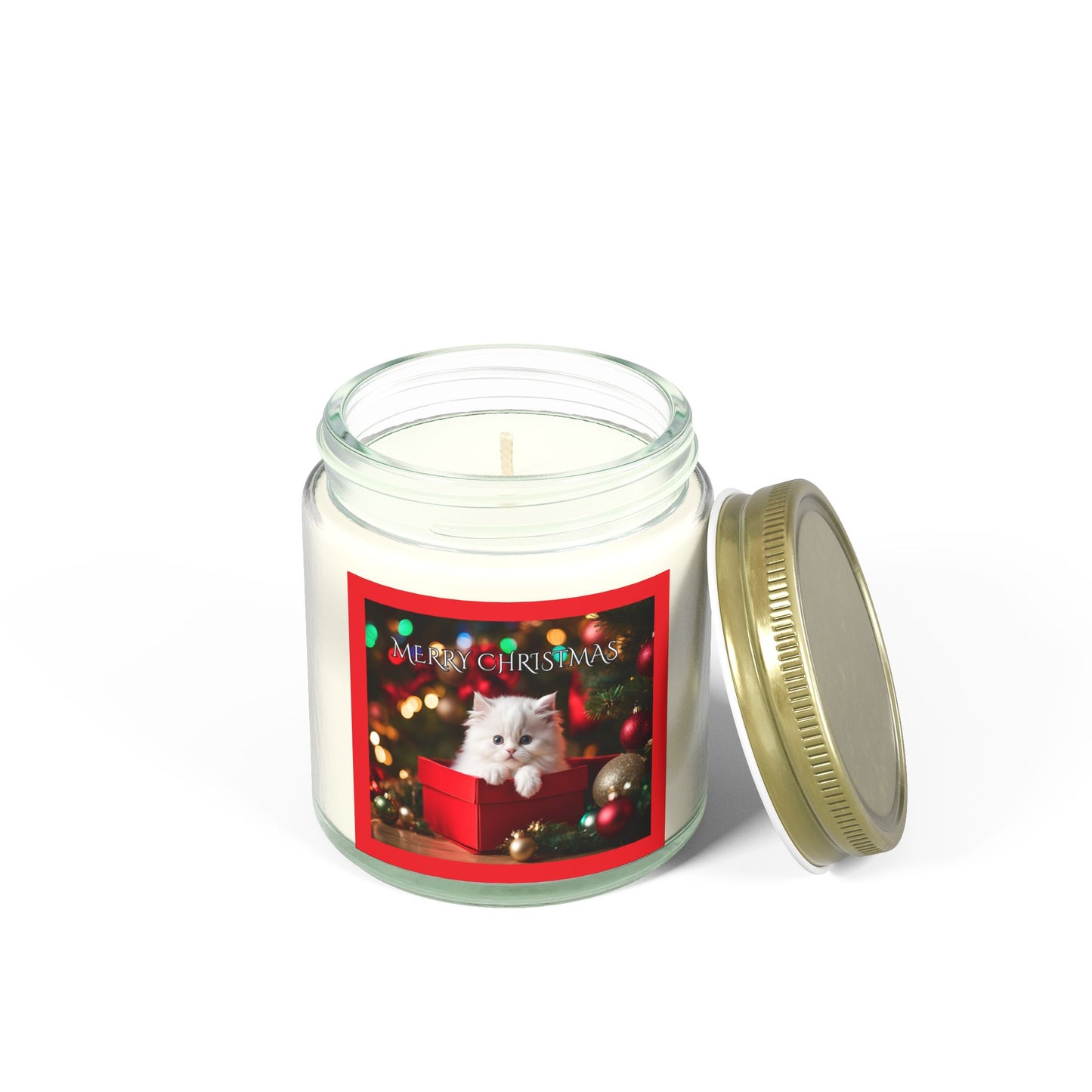 Merry Christmas Kitten Under the Tree Scented Candles Holiday Winter Candle Gift Mason Jar Candle Coconut Apricot Wax (4oz, 9oz)