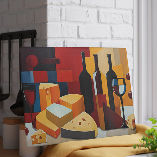 Kitchen Decor Glass Cutting Board Serving Tray with Wine and Cheese Design Cutting Board Gift for Home Cook Charcuterie Board