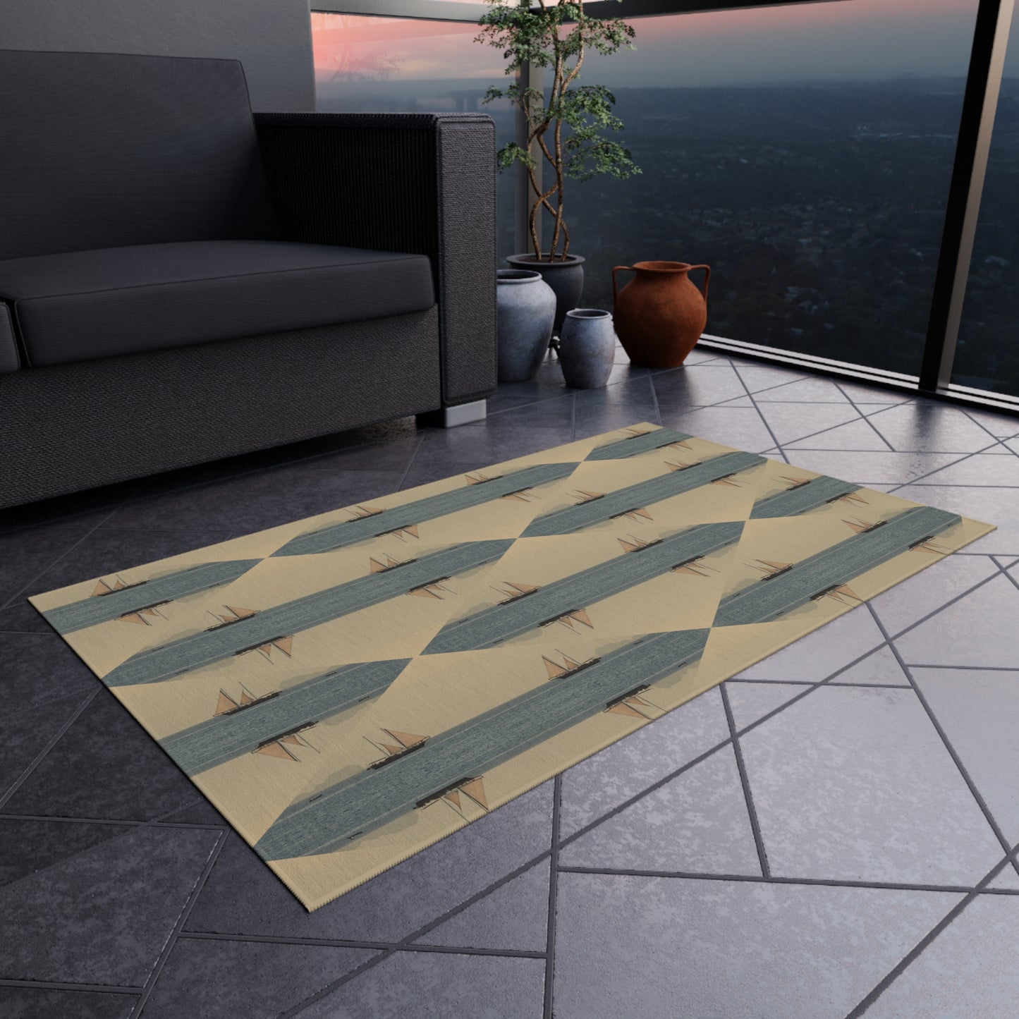 Sailboat Design Chenille Outdoor Rug with No-Skid Backing Cozy Outdoor Patio Carpet Oceanic Decor Gazebo Rug Pool Area Decor Kitchen Carpet