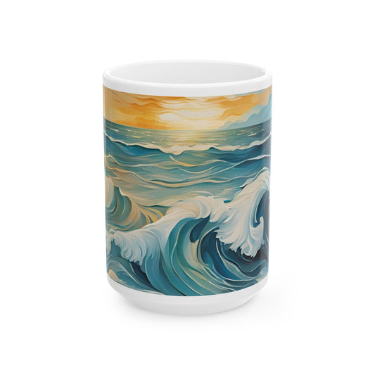 Modern Sun and Waves Cottagecore 15-oz Coffee Mug Ocean Nature Tea Cup Beach Lover Gift for Her