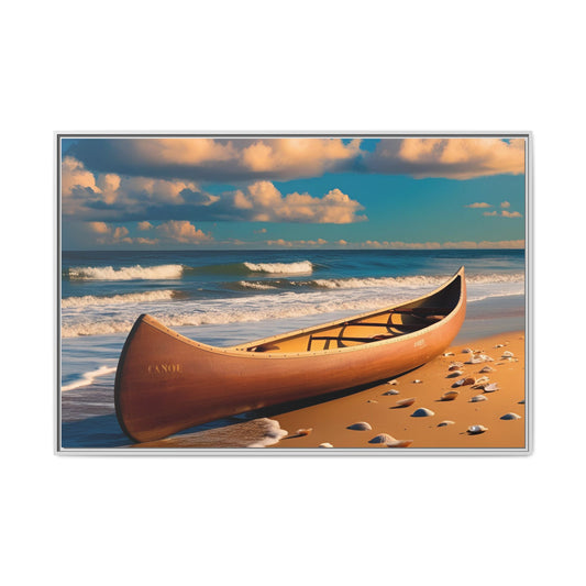 Canoe on the Beach Unique Framed Canvas Print Wall Art Nature Lover Gift Beachy Outdoor Retreat Ocean Vacation Decor 3 frame colors