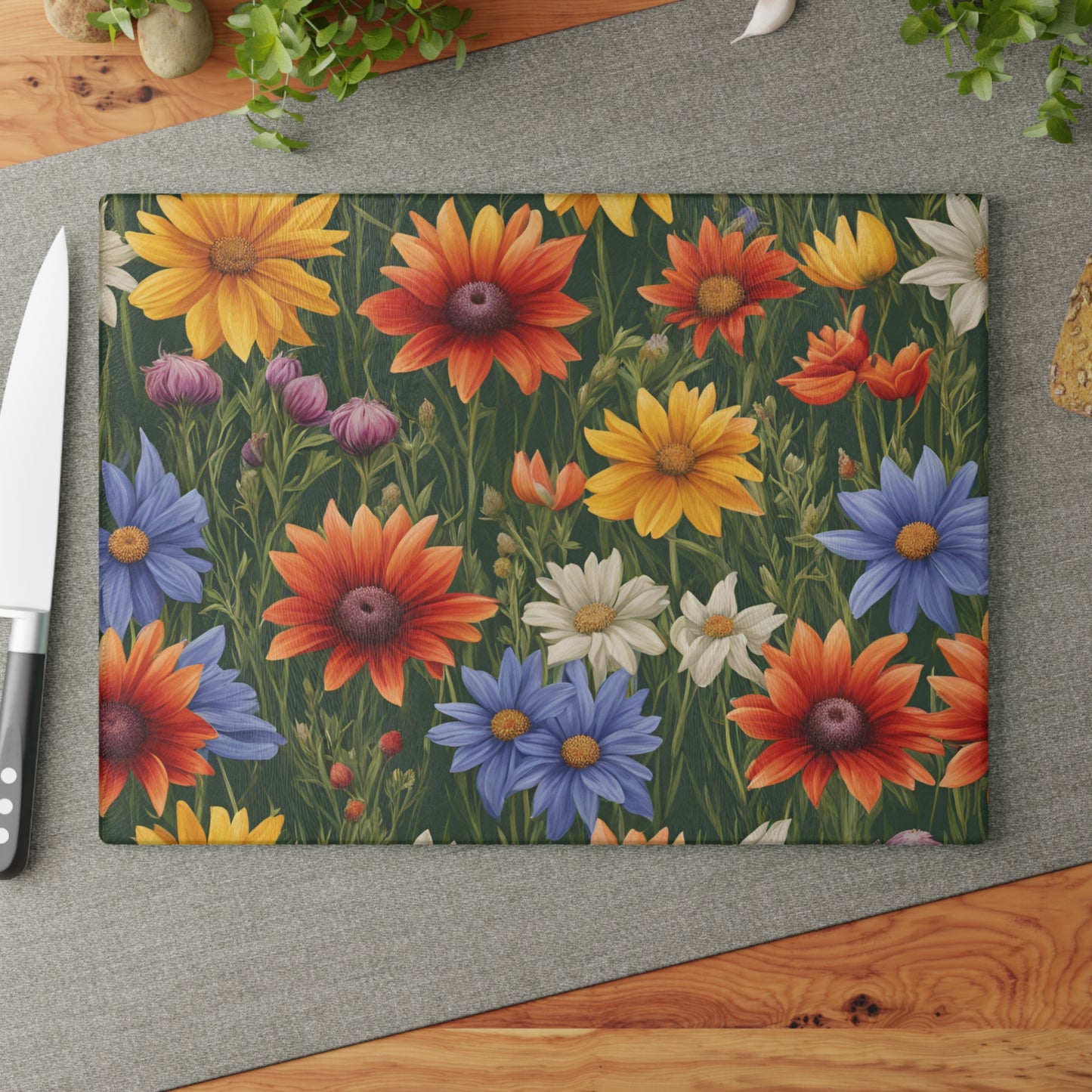 Kitchen Decor Glass Cutting Board Serving Tray with Daisy Design Floral Pattern Cutting Board Gift for Home Cook Charcuterie Board