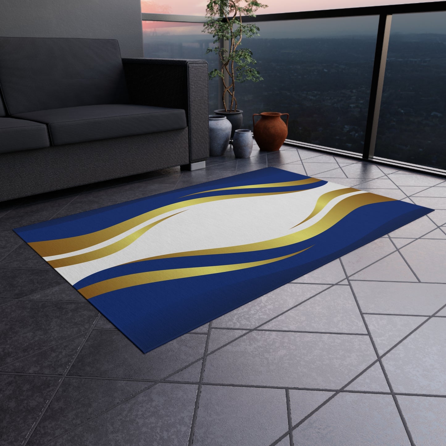 Modern Wave Design Chenille Outdoor Rug No-Skid Backing Cozy Outdoor Beachy Patio Decor Gazebo Rug Pool Area Decor Outdoor Kitchen Carpet