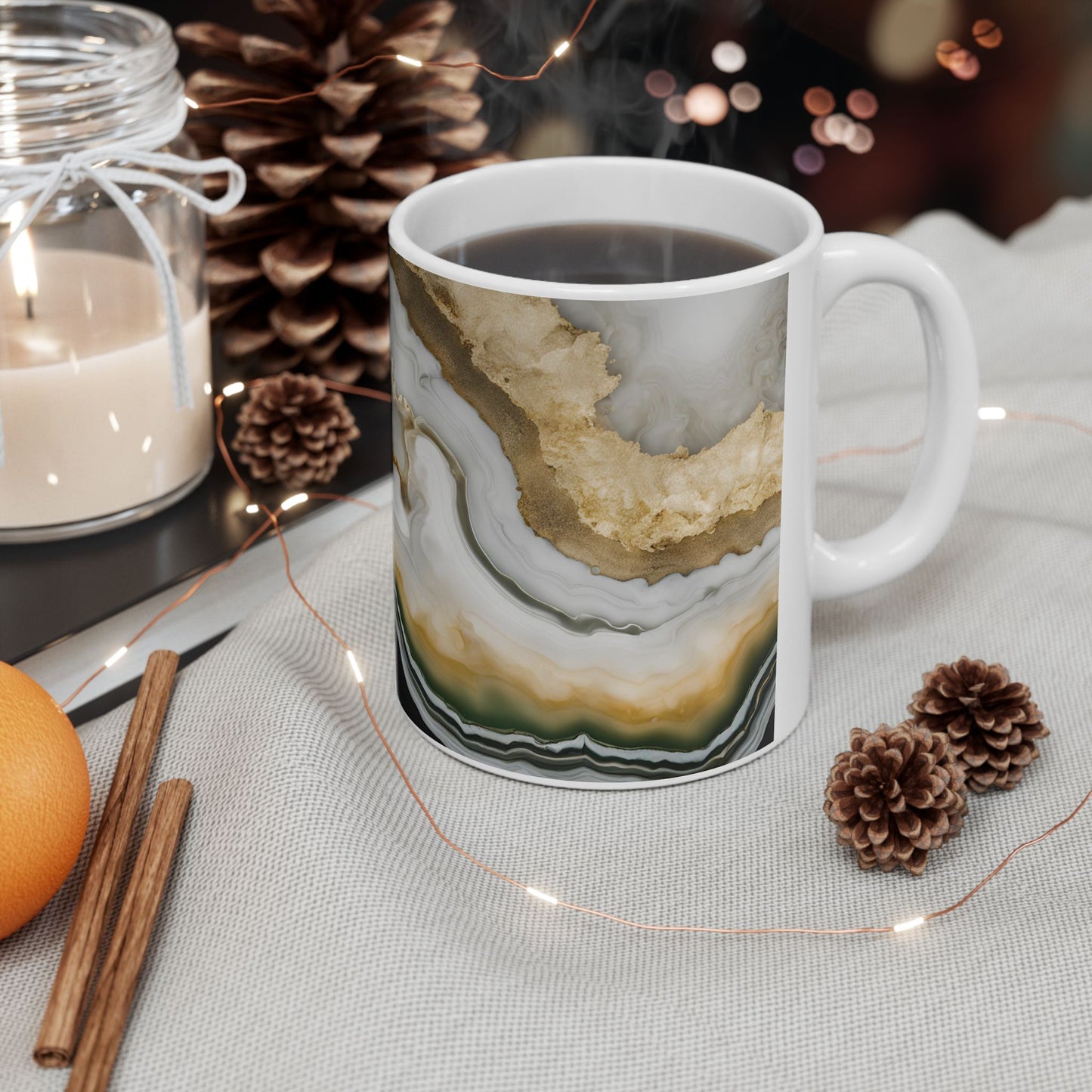 Black, White, Emerald Green and Gold Crystal Marble Design Coffee Tea Mug Boho Gemologist Gift Nature Lover Marble Rock Agate Geology Gift