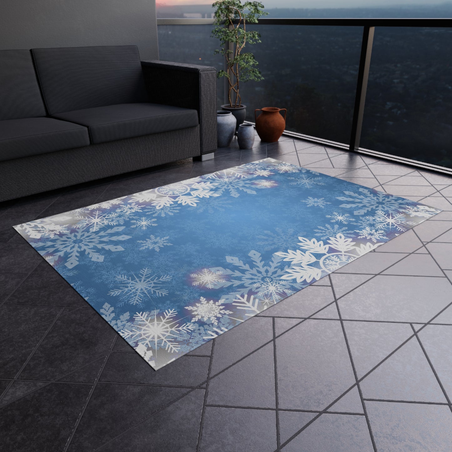 Snowflake Print Chenille Outdoor Rug with No-Skid Backing Cozy Outdoor Carpet Patio Decor Gazebo Rug Pool Area Decor Outdoor Kitchen Carpet