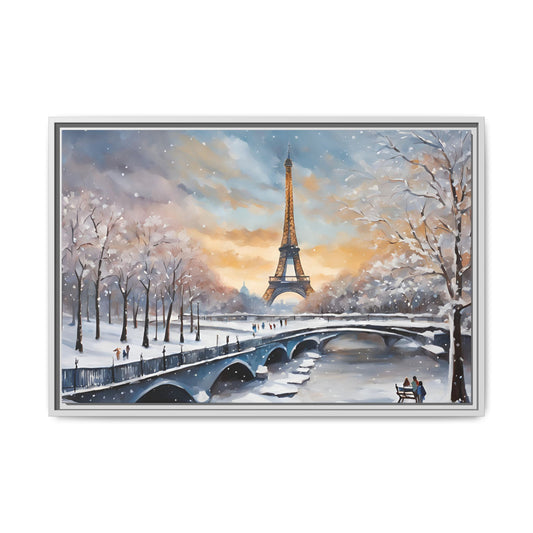 Eiffel Tower in Winter Print Wall Art Matte Stretched Canvas Paris Lover Gift Winter in France, 3 frame colors to choose from