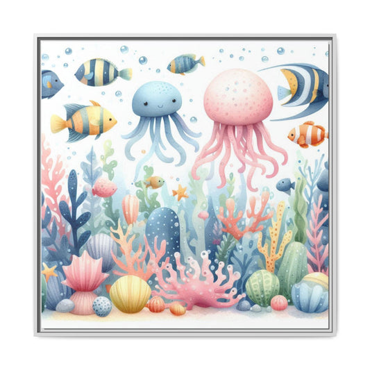 Whimsical Nursery Decor Pastel Underwater Design Unique Sweet Baby Room Framed Canvas Ocean Fish Print Unisex Baby Shower Octopus Gift