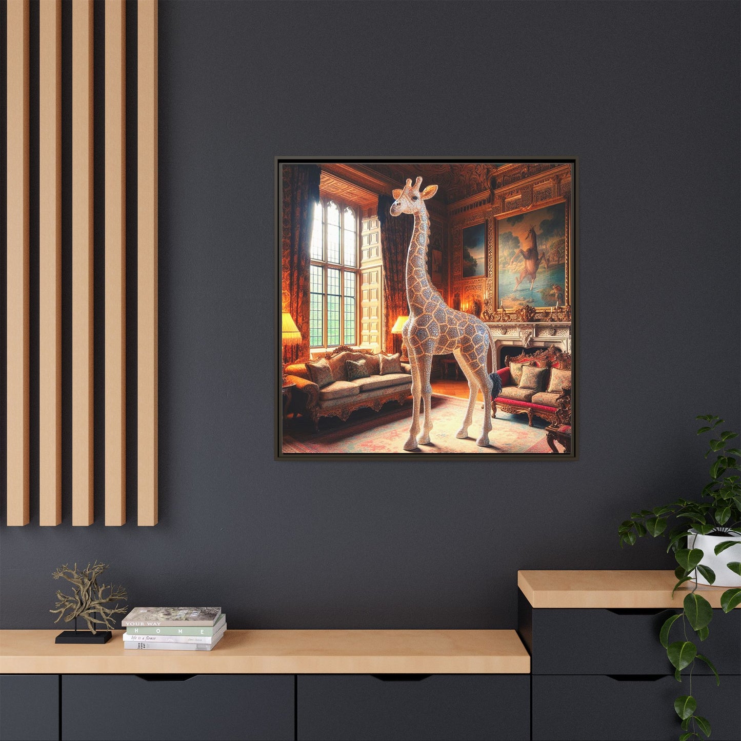 Bejeweled Giraffe Framed Canvas Print Wall Art Unique Fashion Designer Haute Couture Fashionista Animal Lover Gift Decor 3 Frame Colors