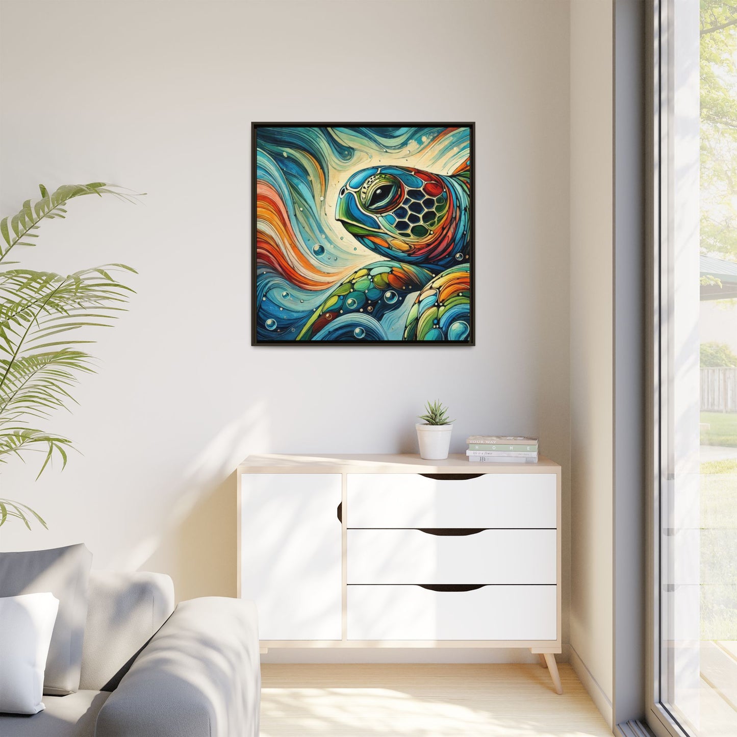 Modern Sea Turtle Print Abstract Design Unique Framed Canvas Print Oceanic Wall Art Animal Lover Gift Nature Lover Decor 3 frame colors