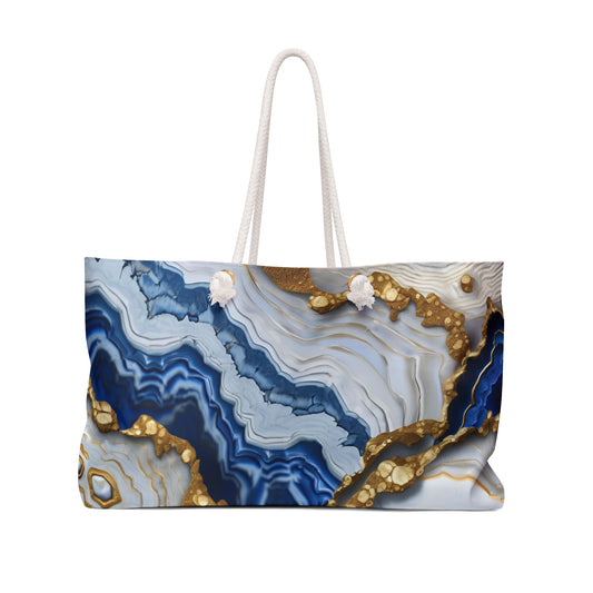 Blue, White and Gold Geode Design Weekender Tote Bag Gemstone Image Grocery Shopping Bag Cottage Core Rock Lover Bag Geology Tote Mom Gift