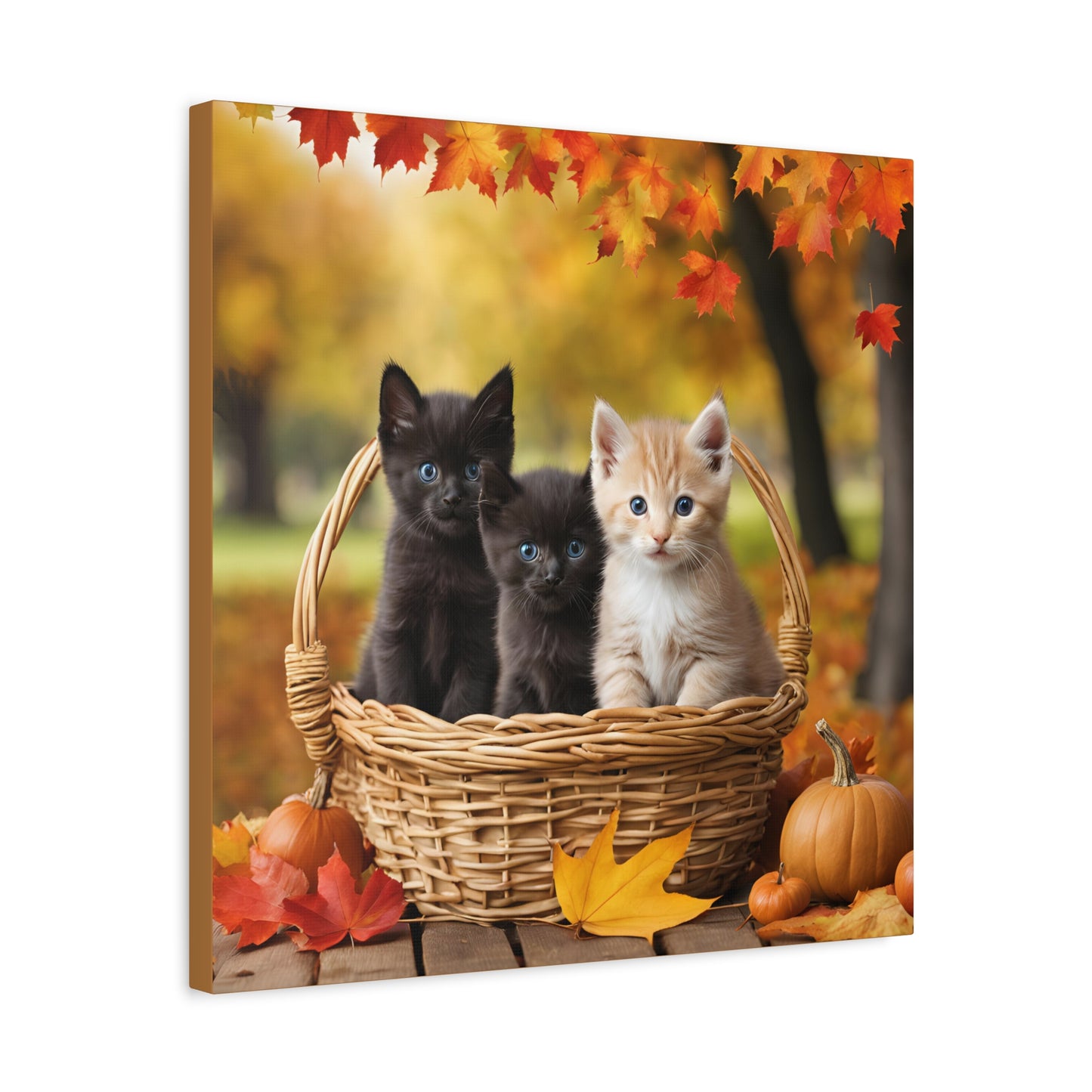 Kittens in Basket Fall Print Wall Art | Matte Canvas, Stretched, 1.25" | Cat Lover | Autumn | Pumpkins |