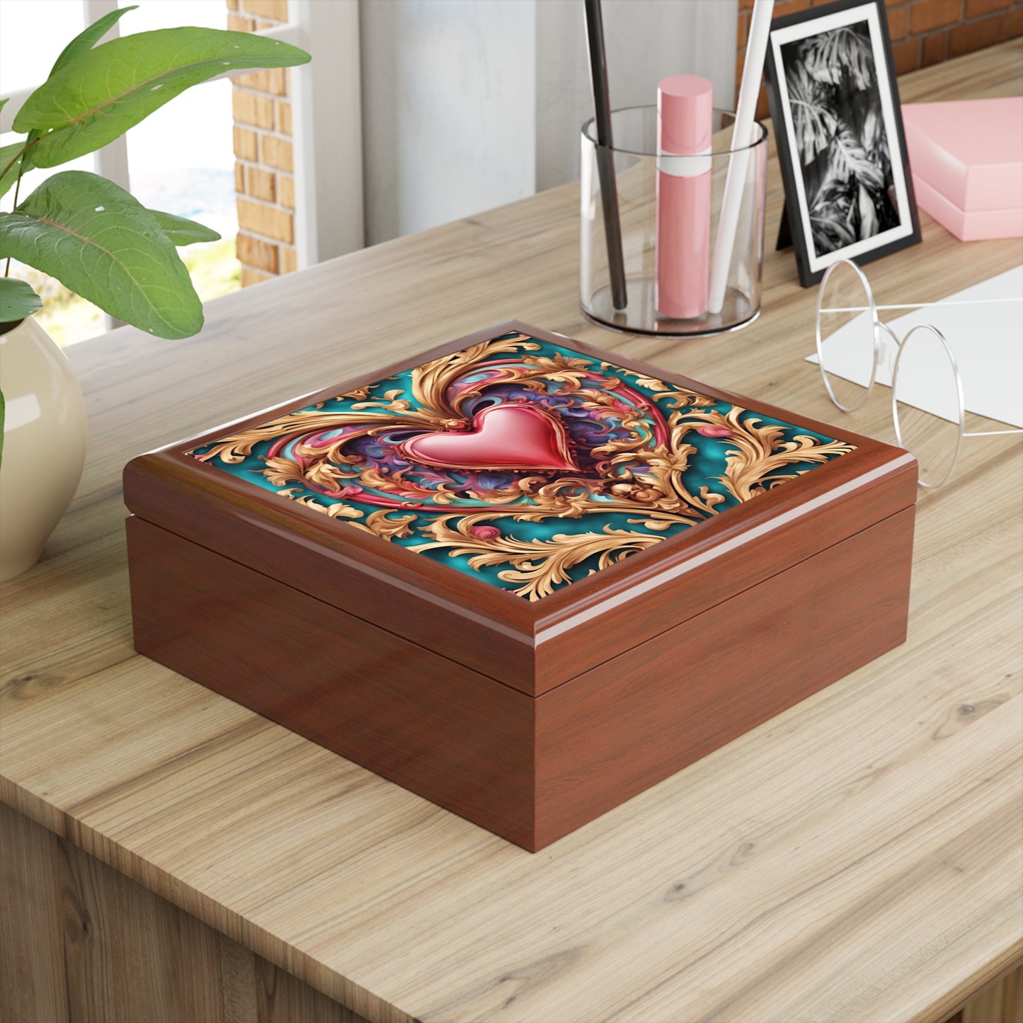 Unique Art Print Retro Heart Design Jewelry Box Trinket Box Bedroom Dresser Decor Vanity Gift Box - 3 colors to choose from
