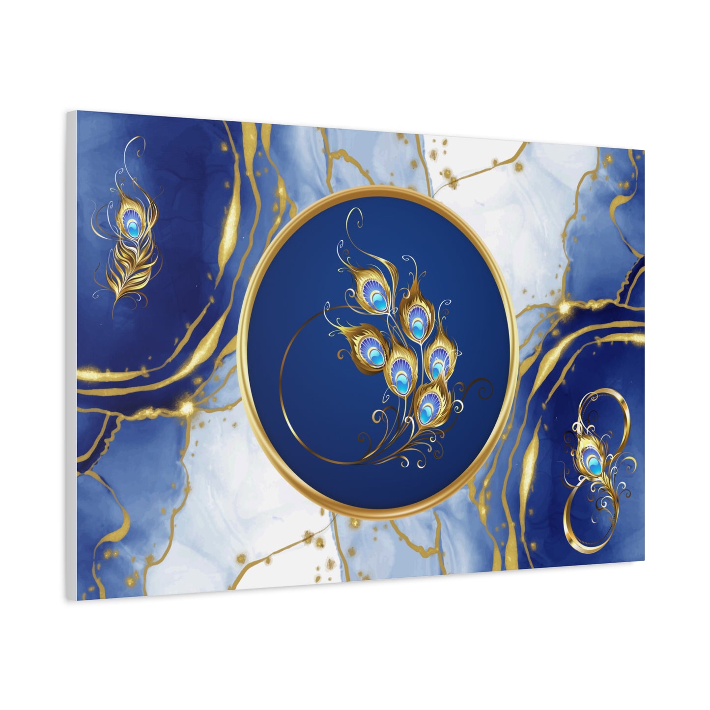 Elegant Abstract Peacock Feather Print Wall Art | Matte Canvas, Stretched 1.25" | Flowers | Modern | Blue and Gold |