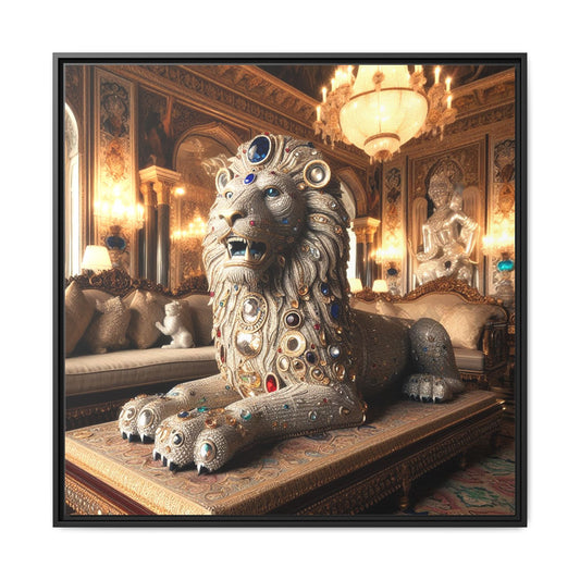 Bejeweled Lion Framed Canvas Print Wall Art Unique Fashion Designer Haute Couture Fashionista Animal Lover Gift Decor 3 Frame Colors