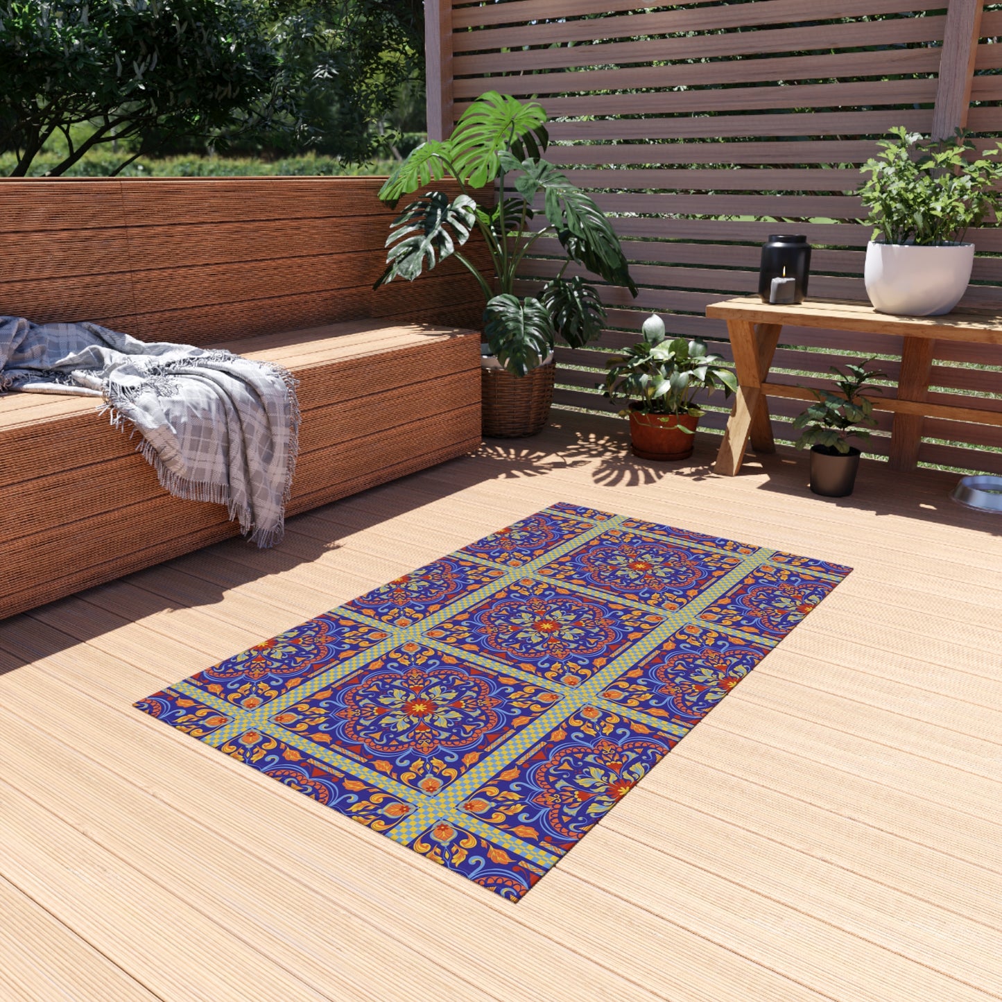 Chenille Print Pattern Outdoor Rug with No-Skid Backing Cozy Outdoor Carpet Patio Decor Gazebo Rug Pool Area Decor Outdoor Kitchen Carpet