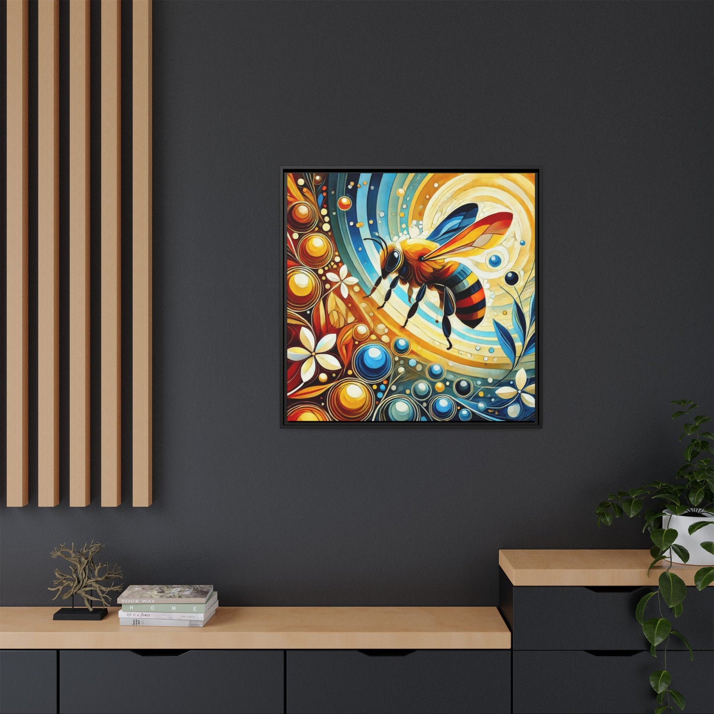 Modern Bee Print Abstract Design Unique Framed Canvas Print Insect Lover Wall Art Animal Lover Nature Lover Decor 3 frame colors