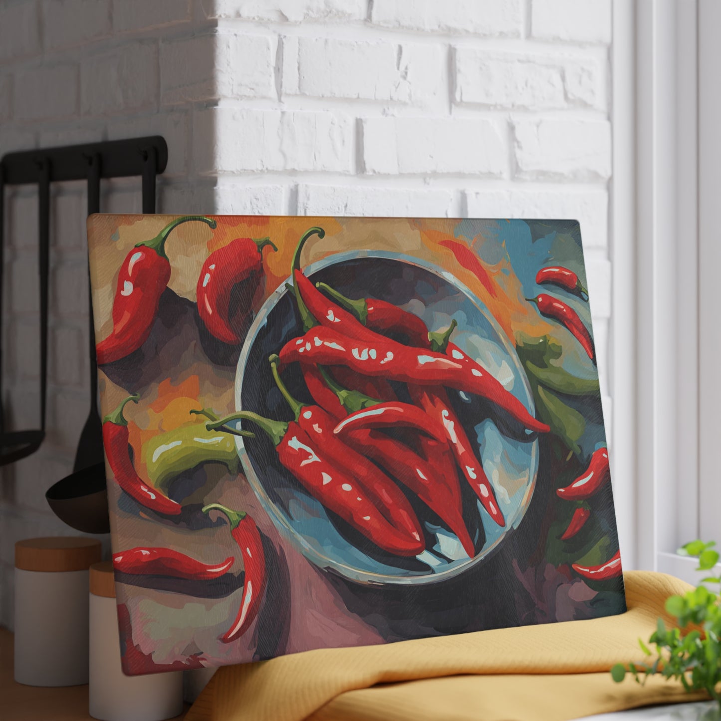 Kitchen Decor Glass Cutting Board Serving Tray with Red Hot Chili Peppers Design Cutting Board Gift for Home Cook Charcuterie Board