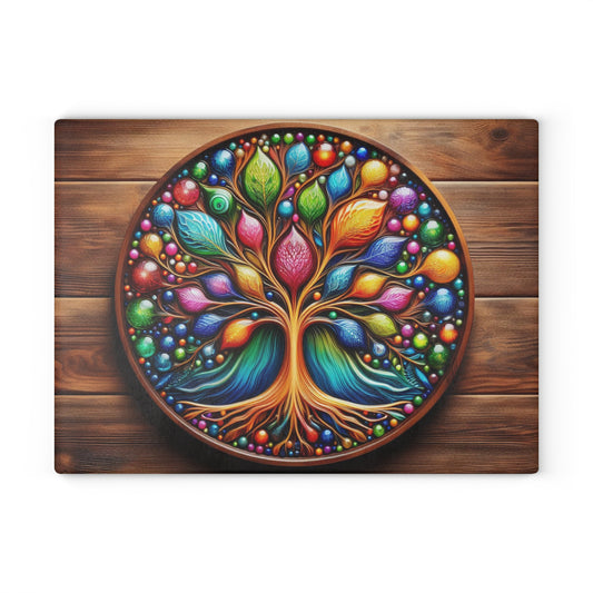 Kitchen Decor Glass Cutting Board Serving Tray with Tree of Life Design Cutting Board Gift for Home Cook Glass Charcuterie Board
