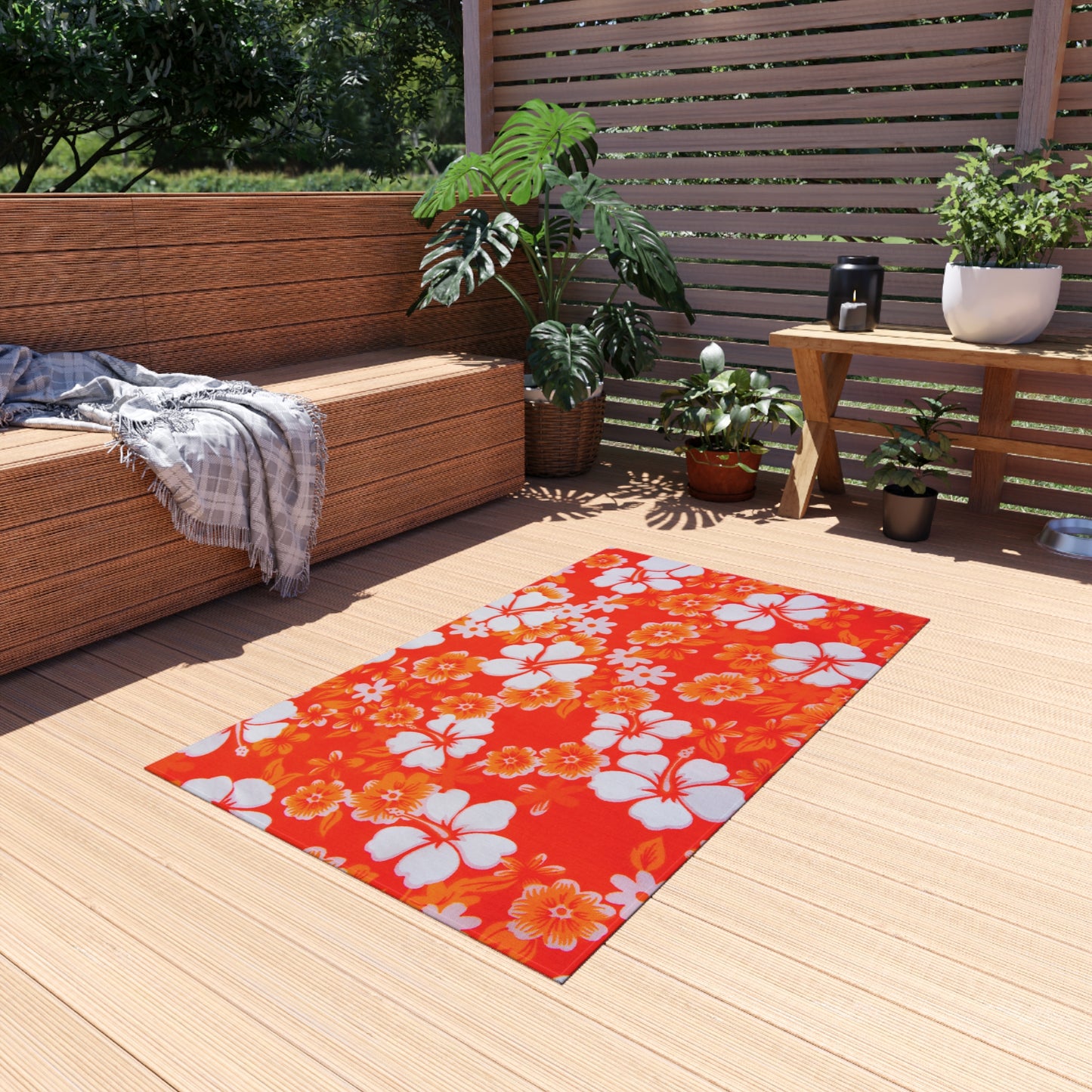 Tropical Chenille Outdoor Rug with No-Skid Backing Cozy Outdoor Carpet Patio Decor Hawaiian Floral Beachy Gazebo Rug Pool Area Decor