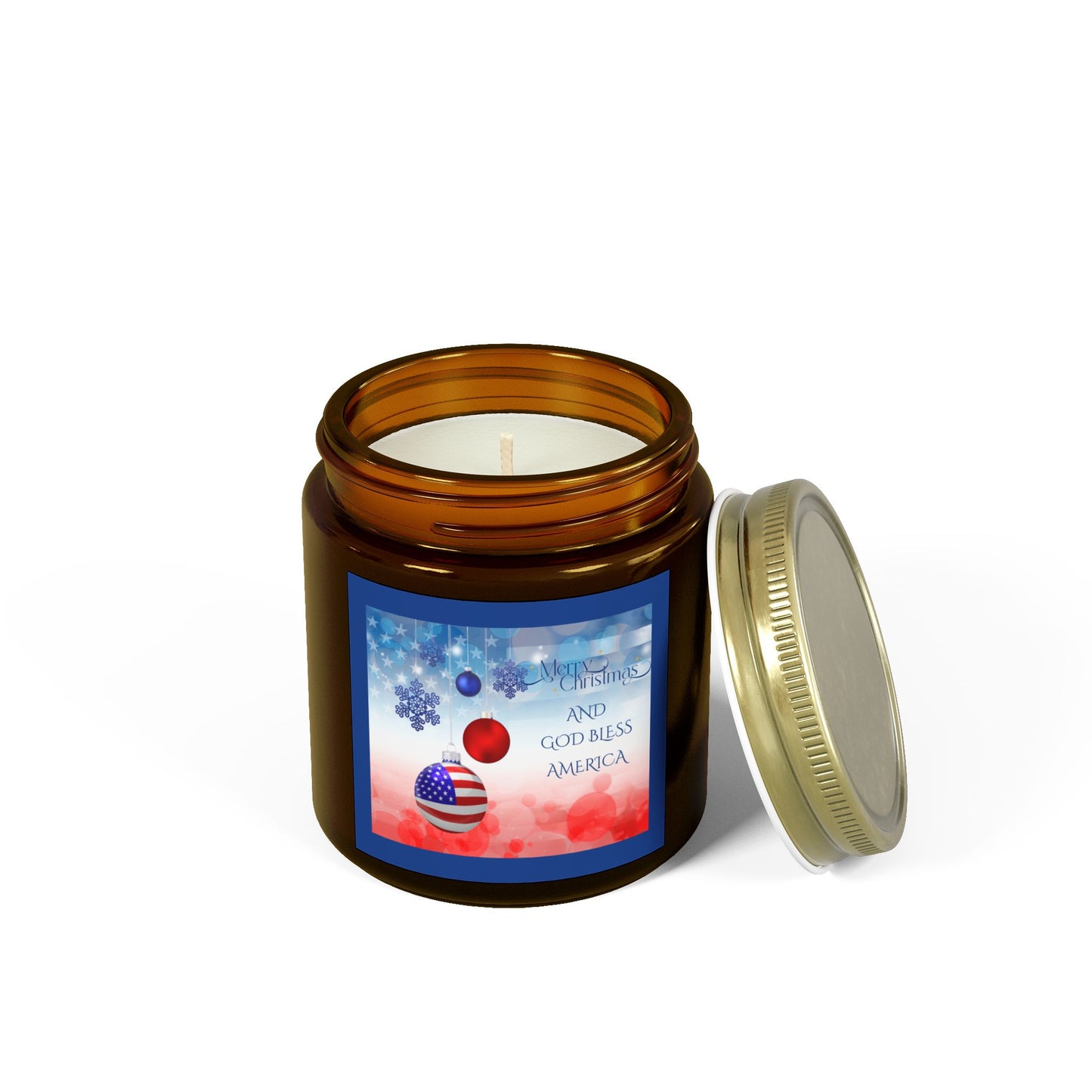 Merry Christmas God Bless America Scented Candles Holiday Winter USA Flag Candle Gift Mason Jar Candle Coconut Apricot Wax (4oz, 9oz)